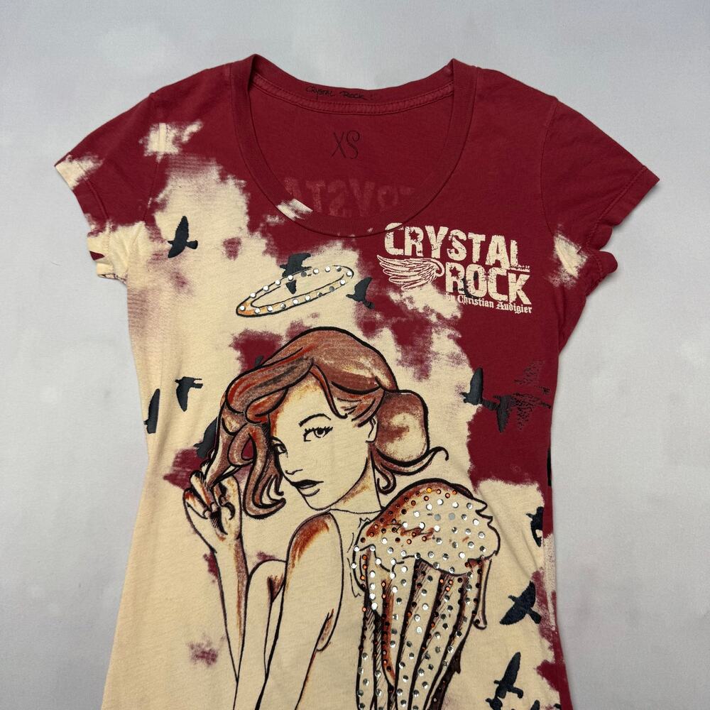 Christian Audigier Crystal Rock Shirt Women's XS Girl Studded Y2K Baby Tee - Picture 2 of 10